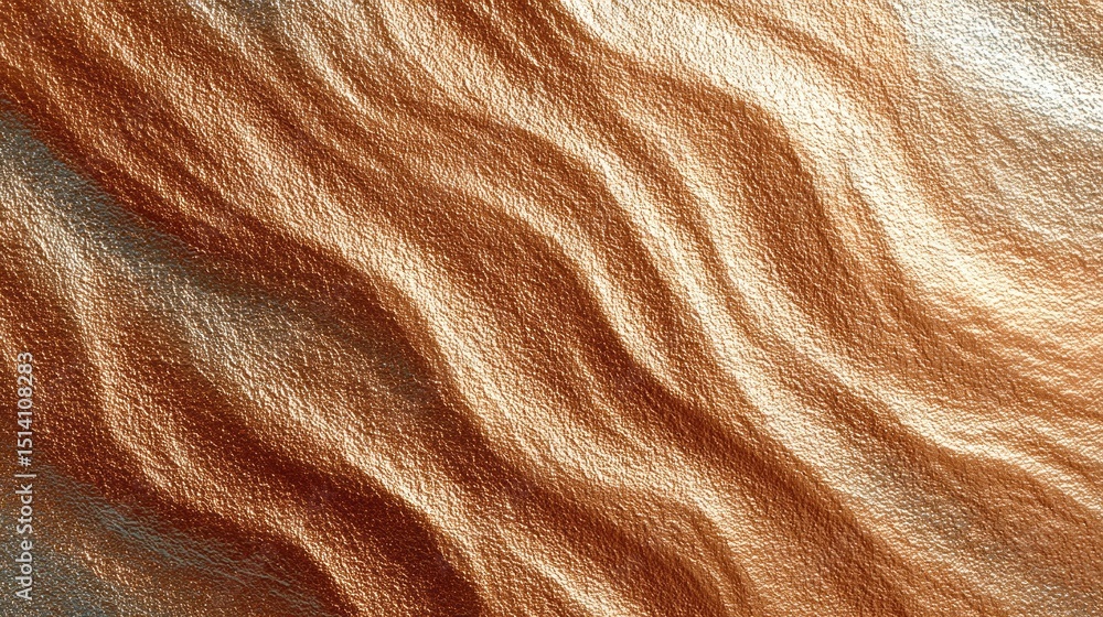 Poster Display reveals a shiny grainy copper foil texture adorned with flowing wave patterns. The surface reflects light, generating a rich metallic aura. Ideal for various design applications