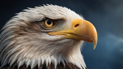 Obraz premium Bald Eagle Close-up Profile Piercing Golden Eye and Majestic Yellow Beak Textured White Feathers Illuminated by Strong Directional Light Against Blurred Sky for Overlays Symbolizing Freedom