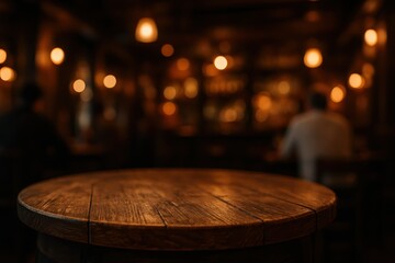 Fototapeta premium Rustic Wooden Round Table in the Foreground with a Softly Blurred Background of a Cozy Pub or Bar Interior Creating a Warm and Inviting Atmosphere for Socializing