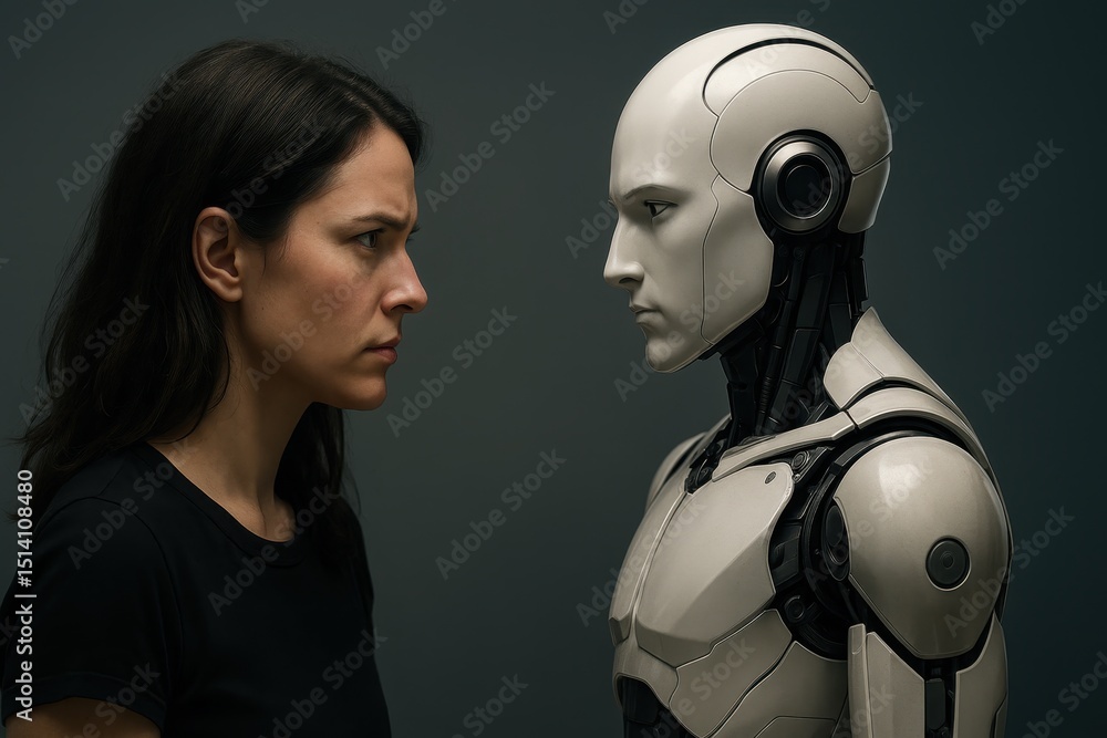 Aufkleber symbolic confrontation woman standing face-to-face with a humanoid ai robot representing the complex