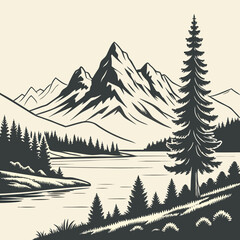 Vector art illustration of a mountain range with a lake and trees in a monochrome color palette landscape view scene