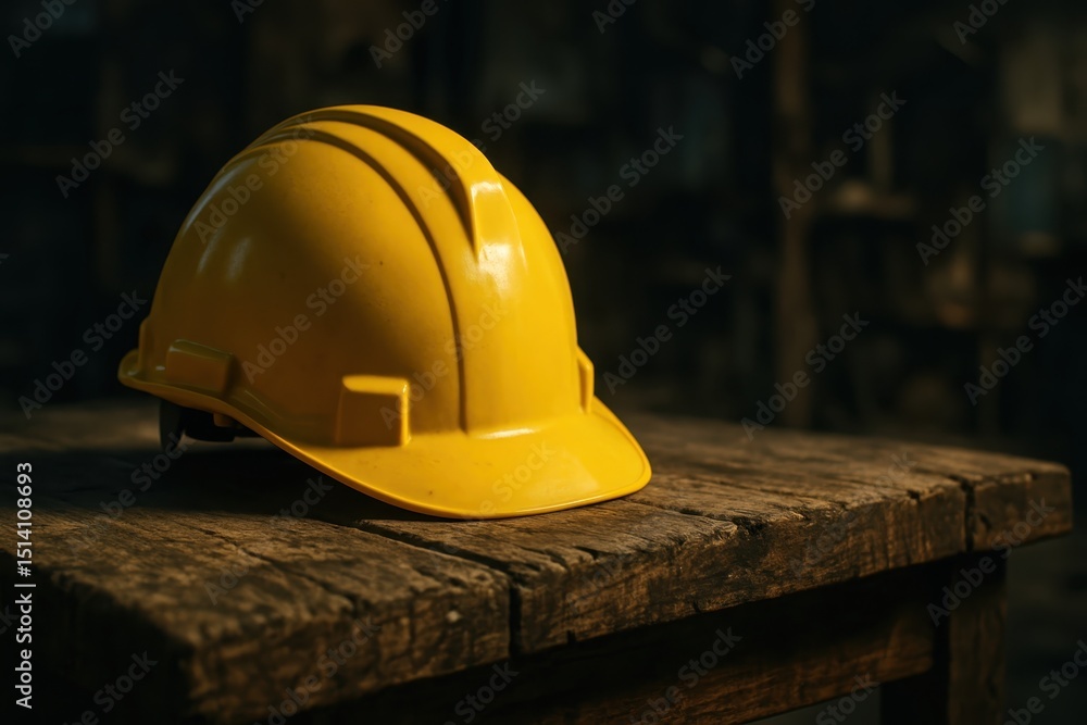 Poster yellow construction hard hat resting on a rough wooden workbench in a workshop setting ai generated 