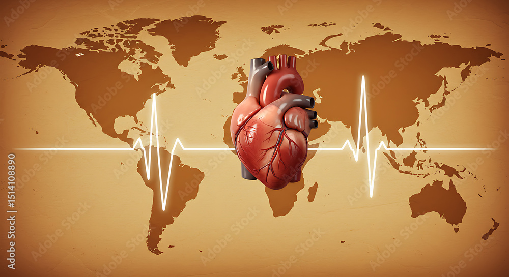 Poster global heart health monitoring concept with ecg line on world map