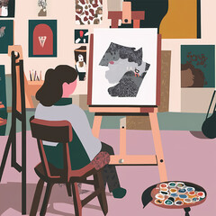 Artist at Work Creating Abstract Masterpieces in a Vibrant Studio