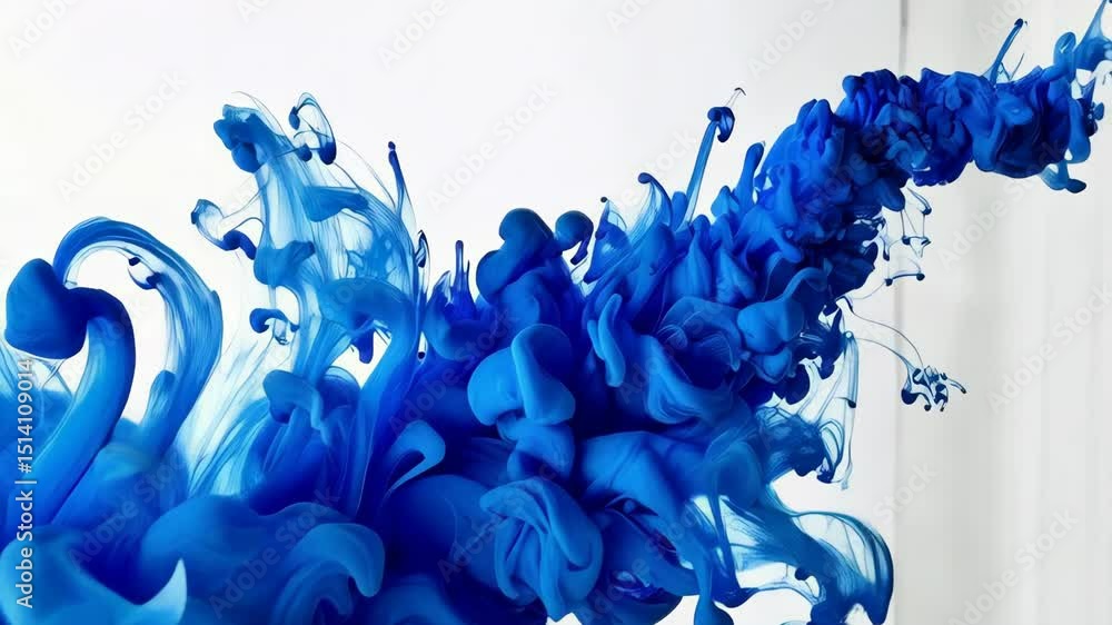 Poster aquatic blue ink swirling and flowing underwater in mesmerizing motion, abstract forms of color diss