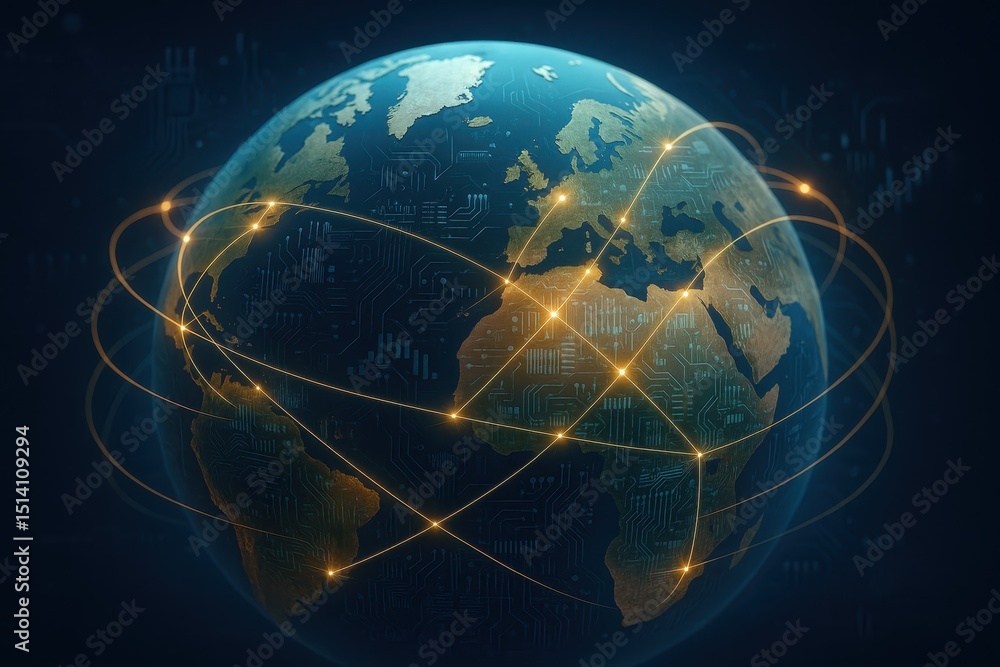 Poster dynamic 3d globe with glowing interconnected lines representing global trade routes and bustling mar