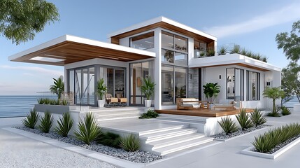 Premium vacation house by ocean with modern concept high resolution photo