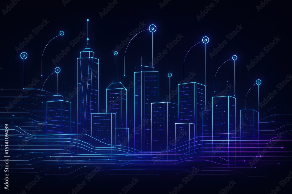 Aufkleber glowing neon lines forming a stylized smart city skyline with interconnected data streams symbolizin