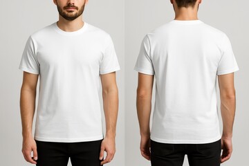 Front and back view mockup of a man wearing a plain clean white cotton t-shirt against a neutral grey studio background perfect for apparel design and branding presentations