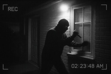 Grainy CCTV security camera footage capturing a shadowy figure of a thief dressed in dark clothing attempting to break into a suburban house at night illuminated by a motion sensor light