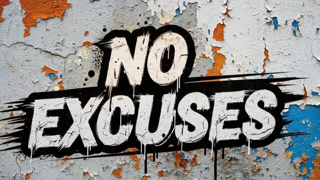 Bold graffiti-style No Excuses text on weathered, peeling wall with dynamic paint splashes and urban grunge texture Rough texture and vibrant contrast convey raw determination