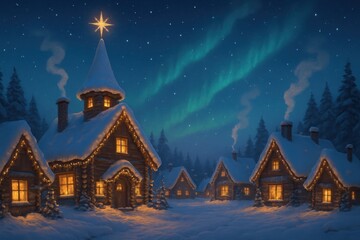 Magical snow-covered village scene at twilight with charming log cabins adorned with twinkling Christmas lights smoke curling from chimneys and a starry North Pole sky.