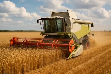 Fototapeta premium Massive combine harvester efficiently cutting and threshing a vast golden field of ripe wheat under a clear blue sky during peak harvest season AI generative art.