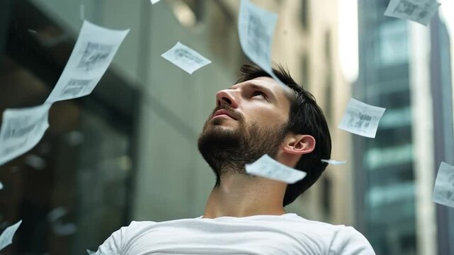 Man look up as paper documents fall business success concept