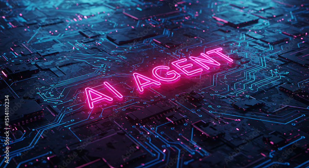 Aufkleber glowing ai agent text on dark high tech circuit board