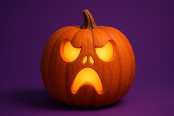 Obraz premium Spooky and fun 3D Halloween pumpkin carved into a grinning Jack-o'-lantern ghost character with glowing eyes set against a vibrant purple background.