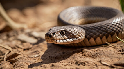 Fototapeta premium Watchful Snake Macro Closeup Detailed Scales Coiled on Earthy Ground Shimmering Under Natural Sunlight on Blurred Village Path Vigilant Reptile Wildlife Digital Illustration