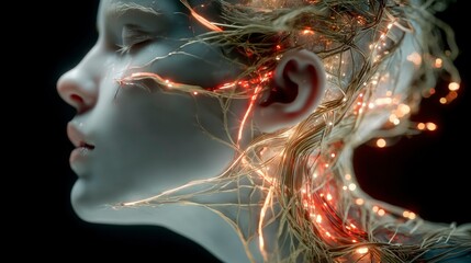 Neural Connections A Futuristic Side Profile with Illuminated Nerves and Synapses