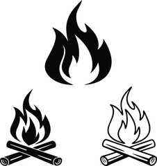 Three Black and White Campfire Illustrations with Flames and Logs