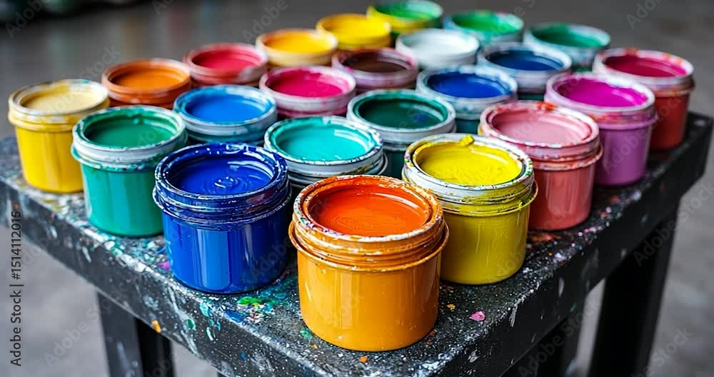Poster vibrant open paint jars on a wooden table with splashes of paint in a studio environment. the image 