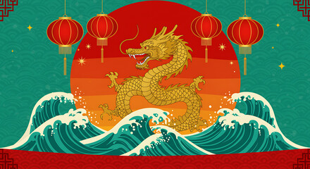 Golden Dragon over Crashing Waves with Red Lanterns and Sunset Sky Vector Illustration