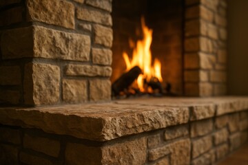 Close-up view of a rustic stone fireplace with warm glowing flames in the background, creating a cozy and inviting ambiance perfect for wintertime, holidays, or home interior design themes

