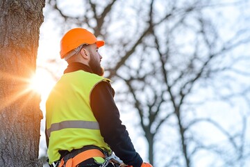 worker pruning tree branches in city parks for maintenance