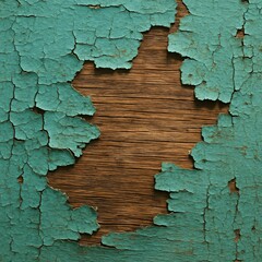 Close-up texture of cracked and peeling turquoise paint on an old wooden surface, revealing the natural brown wood grain underneath, ideal for backgrounds or rustic design concepts

