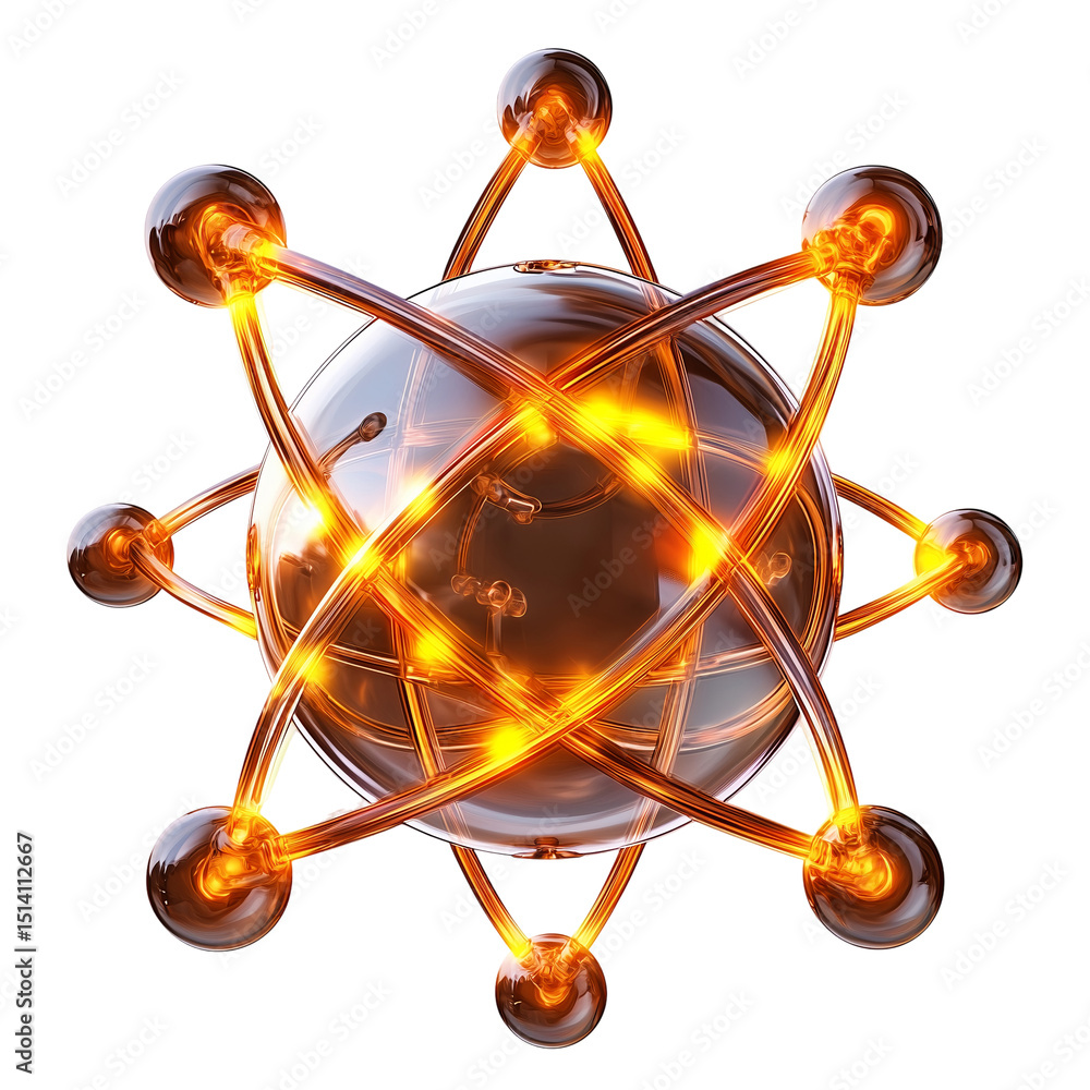 Wall mural atomic structure representation with glowing connections and sphere core isolated on transparent bac