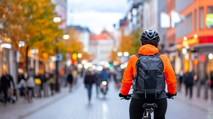 Obraz premium Urban cyclist in orange jacket riding through busy city street in autumn