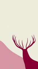 A charming minimalist deer silhouette in rich cherry color with soft pink antlers, set against a dreamy blush pink gradient background. This romantic illustration combines modern simplicity with