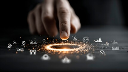 Finger Activating Digital Interface with Sparkling Icons and Symbols for Technology Concepts