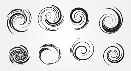 Collection of Swirling Spiral Elements in Black and White