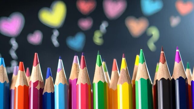 Colorful pencils with heart drawings school supplies background
