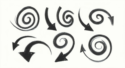 Collection of hand-drawn spiral and curved arrows for direction and navigation.