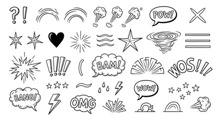 Comic Book Speech Bubble and Action Elements Vector Set – Hand Drawn Black and White Sound Effects Collection