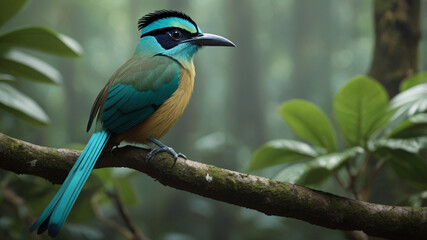 Turquoise-browed Motmot Perched Calmly Vibrant Plumage and Piercing Eye in Jungle Lush Green Foliage in Soft Dreamy Forest Exotic Tropical Bird Wildlife Digital Art
