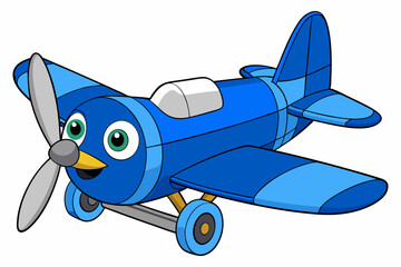 Happy blue cartoon airplane flying high in the sky