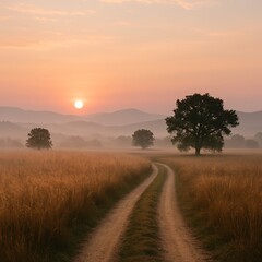 Rural countryside path leading through golden fields at sunrise with scattered trees and misty hills under a soft, colorful morning sky

