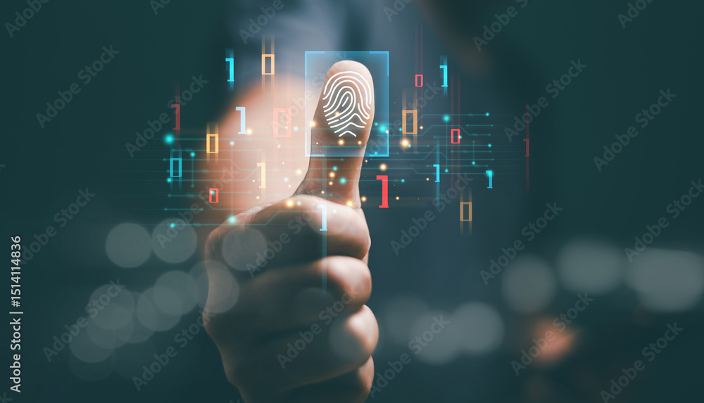 Poster Businessman fingerprint scan and biometric authentication. Concept of surveillance and security scan for digital cyber futuristic applications. Innovation for protection from digital cybercrime.
