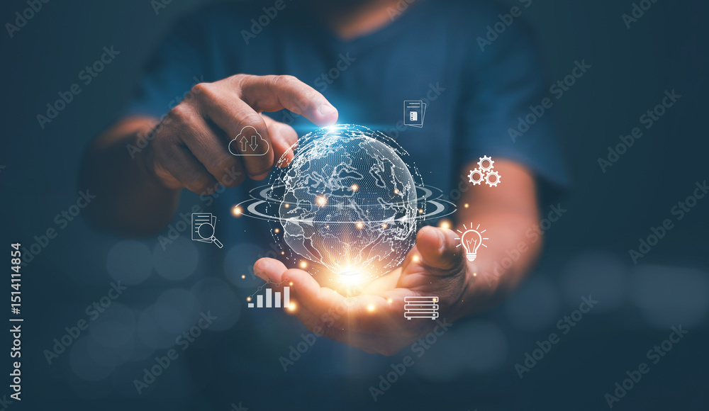 Poster business global data internet connection technology and digital marketing, businessman holding virtu