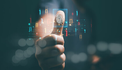 Businessman fingerprint scan and biometric authentication. Concept of surveillance and security scan for digital cyber futuristic applications. Innovation for protection from digital cybercrime.