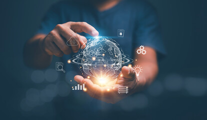 Business global data internet connection technology and digital marketing, Businessman holding virtual global with computer network application icon, Digital link tech, big data, Internet of Things.