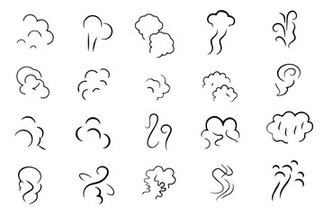 Warm steam, smoke or vapor rise comic symbol set. A warm and cozy element. Smoking and steaming silhouettes
