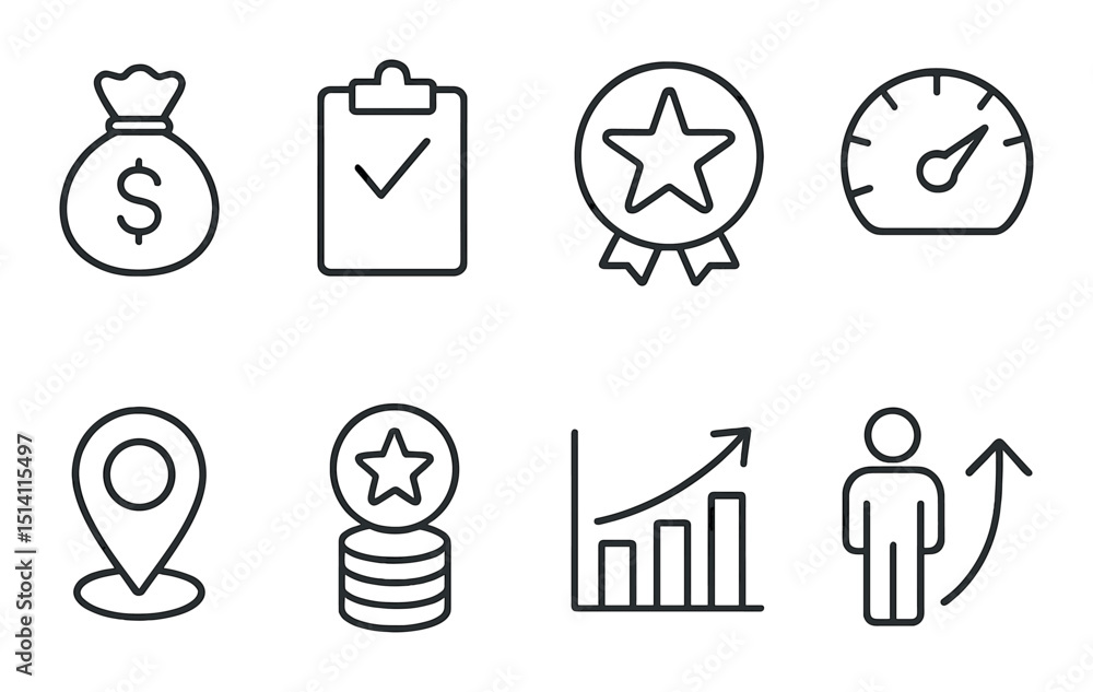 Poster performance and productivity outline icons set – efficiency, achievement visuals