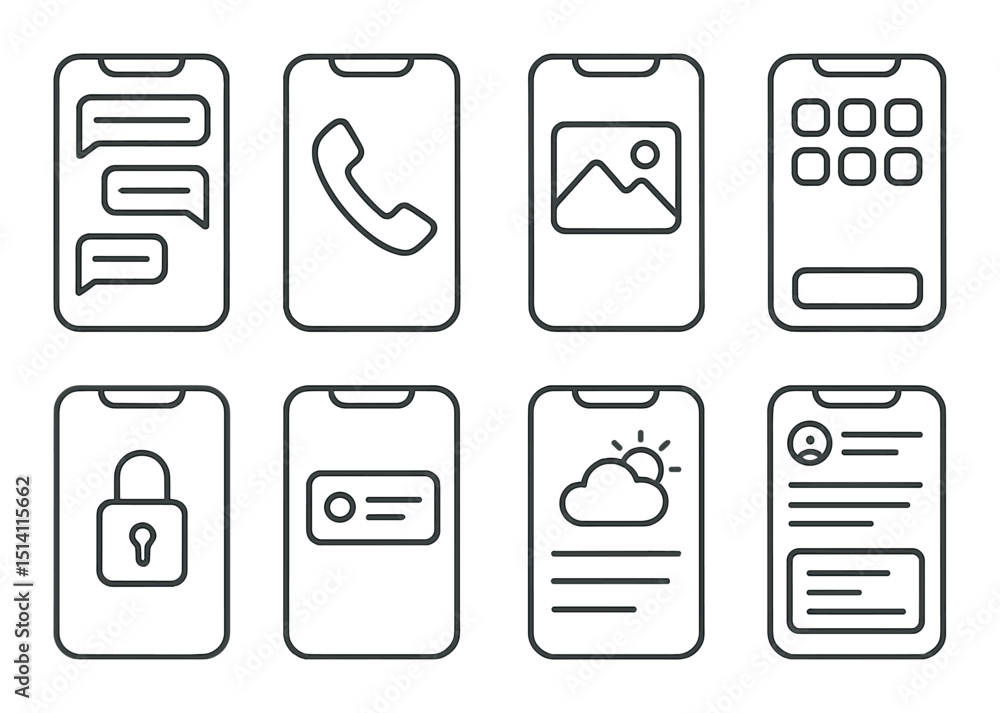 Poster smartphone outline icons set – minimalist, mobile interface and app design symbols