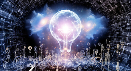Obraz premium A luminous light bulb filled with vibrant cosmic energy illuminates the night. Surrounding gears and mechanical elements blend with swirling galaxies, creating an imaginative atmosphere.