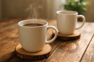Two steaming coffee cups on wooden coasters rest on a rustic table in warm natural light, creating a cozy, peaceful morning scene perfect for comfort, conversation, and relaxation


