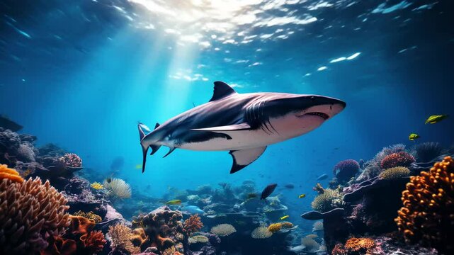White shark and fish swim underwater near coral reefs, wild sea predator in blue water. Theme of ocean life, wildlife, marine nature.