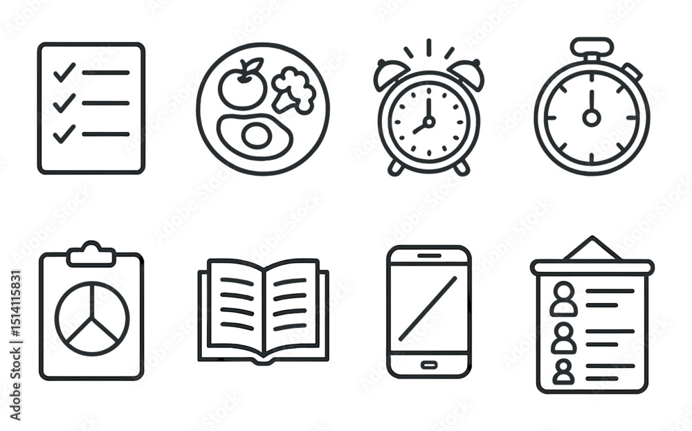 Aufkleber daily routine outline icons set – simple lifestyle, productivity and task symbols